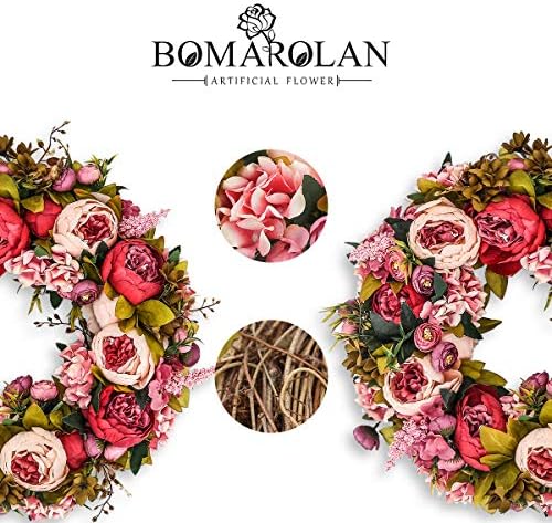 BOMAROLAN Artificial Peony Flower Wreath 19Inch Vintage Blooming Silk Peonies Spring Summer Fall Winter Large Wreaths Flower Green Leaves for Outdoor Front Door Indoor Wedding Wall Or Window Décor - Image 6