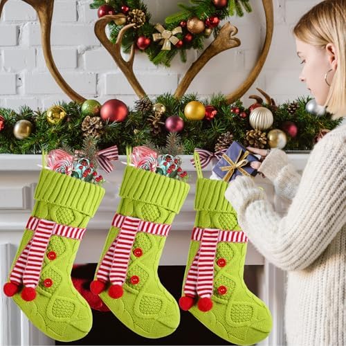 6 Pieces Green Christmas Stocking 18 Inches Large Green Knitted Stocking with Scarf Xmas Hanging Stocking Decorations for Fireplace Christmas Holiday Party Decoration Family Stockings - Image 2