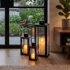 TRIROCKS Metal Candle Lantern Set of 3 - Assorted Sizes (9/15.5/19.5 Inch) - Tall Decorative Hanging Lanterns with Tempered Glass Panels Indoor & Outdoor Home Decor for Parties & Events - Black Finish - Image 3