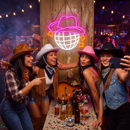 Zhengmy Cowgirl Neon Sign, USB Powered Cowboy Hat Disco Ball Wall Decor - Image 2