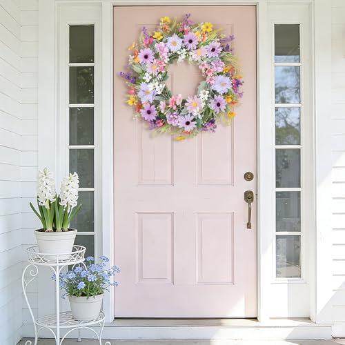 Spring Summer Wildflower Daisy Wreath for Front Door 18 Inch Artificial Colorful Flower Wreath for Indoor Outdoor Wall Festival Easter Home Farmhouse Wedding Decor - Image 6