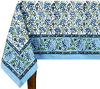 72x135 Inches Rectangle Hand Block Printed Cotton Tablecloth, Blue Green Floral Table Cloths Washable, Indian Table Linen for Halloween Christmas Outdoor Thanksgiving Gifts Home Decor Dinning Outdoor by HomeSpunCrafts