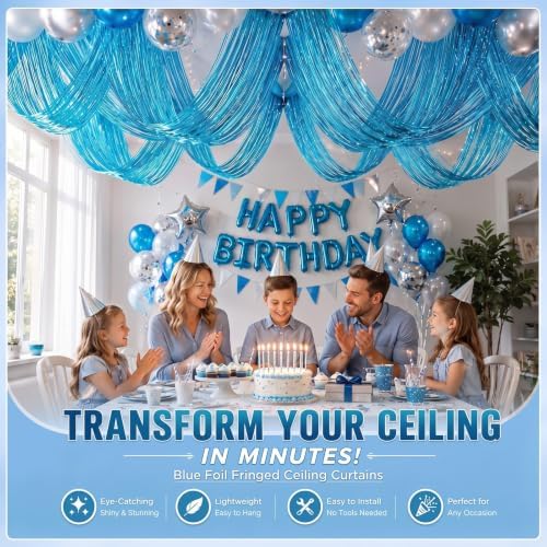 Breling 8 Pcs Light Blue Ceiling Fringe Curtains, Foil Drapes, 15 ft - Image 6