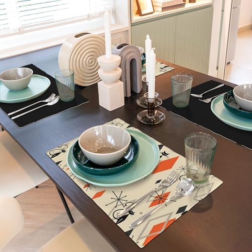 Mid Century Placemats 12x18 Inches, 1950s Vintage Fun Black Cat Starburst Atomic Modern Pattern, Kitchen Dining Decor Set of 6 - Image 4