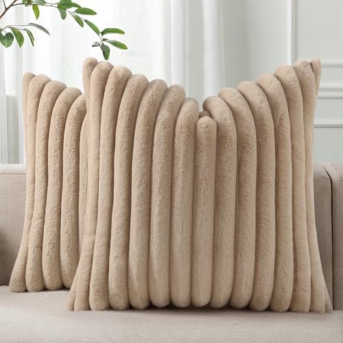 Pallene Faux Fur Decorative Throw Pillow Covers 26x26 Set of 2, Khaki by PALLENE