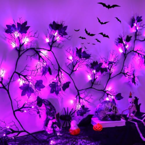 9Ft Lighted Halloween Garland Decorations Indoor, 66 LED Purple Lights Willow Vine Twig Black Halloween Garland with 8 Mode & Timer, Battery Operated Halloween Decor for Mantel Fireplace Home - Image 4