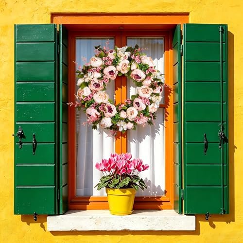 Front Door Wreath, 22 Inch Summer Fall Wreath Handmade Peony Rose Door - Image 5