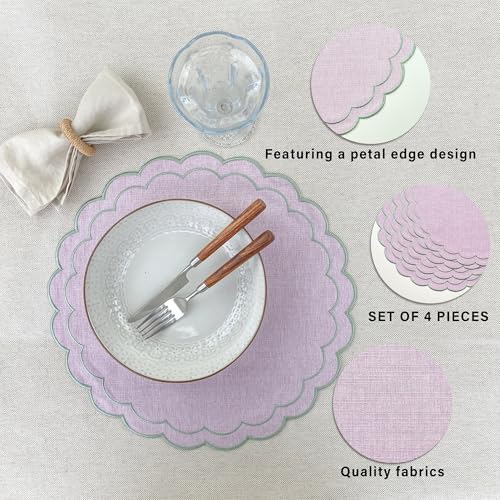 Linen Cotton Placemats Set of 4 Scalloped Flower Embroidery Place Mats 15'' Natural Linen Texture Fabric Machine Washable Table Mats for Restaurant Kitchen,Table Decor(Lilac) - Image 3