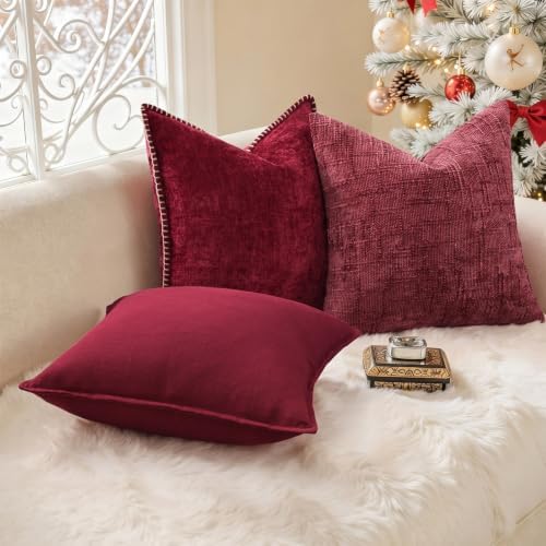 decorUhome Soft Chenille Throw Pillow Covers 24x24 Set of 2 Wine Red - Image 2