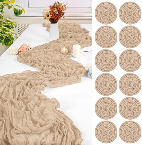 12 Pack Beige Cheesecloth Table Runner,10FT Gauze Boho Long Easter Cheesecloth Table Runners 20x120inch Rustic Cheese Cloth Table Runner for Wedding Party Bridal Shower,Table Decorations by FXKS