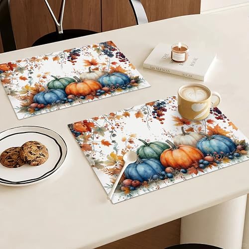 Fall Pumpkin Placemats Set of 6, 12x18 Inch Autmun Maple Leaf Table Place Mat Farmhouse Seasonal Washable Non-Slip Heat Resistant Fabric Placement Mats for Party Dining Kitchen Indoor Outdoor Decor - Image 2