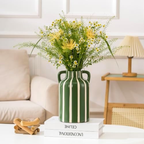 Ceramic Vase with Handles, Modern Farmhouse Striped Decorative Vase, 9.1" Art Deco Tall Flower Vases for Pampas Grass, Shelf Decor, Dining Table Centerpiece, Living Room Home Decor (Sage Green) - Image 3