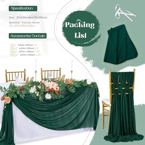 Emerald Green Chiffon Table Runner 10 Pieces 10Ft Boho Christmas Runners - Image 7