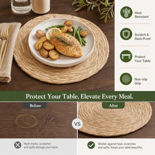 60Pcs Round Placemats Bulk Plate Chargers Set, 11.81in Woven Placemat Rustic Braided Straw Rattan Charger Natural Cattail Place Mat for Wedding Party Table Single Tableware Use (60pcs) - Image 4