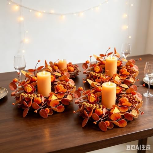 4 Pcs Small Fall Hanging Wreaths with Artificial Autumn Eucalyptus Leaves Mini Pumpkins Berry Clusters Burlap Ribbon Mini Cabinet Wreath for Home Kitchen Farmhouse Thanksgiving Harvest Party Decor - Image 5