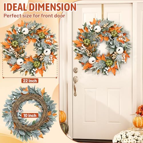 Yastouay 22" Fall Wreaths for Front Door, Fall Door Wreath with Lamb Ears Leaves Pumpkins Berries & Ferns Autumn Wreath for Home Porch Wall Outside Thanksgiving Decor - Image 7