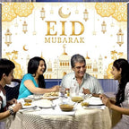 AIBIIN Eid Mubarak Backdrop Banner White Gold Themed Party Decorations for Eid Mubarak Ramadan Party Supplies Banner Photo Booth Prop 94.48 x 70.8 Inch - Image 4