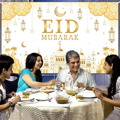 AIBIIN Eid Mubarak Backdrop Banner White Gold Themed Party Decorations for Eid Mubarak Ramadan Party Supplies Banner Photo Booth Prop 94.48 x 70.8 Inch - Image 4