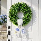 Boxwood Wreath for Front Door Spring Summer Wreaths for Farmhouse,Last Name Initial Year Round Porch Decor,20 inch Geen Wreath with Personalized Monogram sash Embroidered Hydrangea and Letter - (E) - Image 7