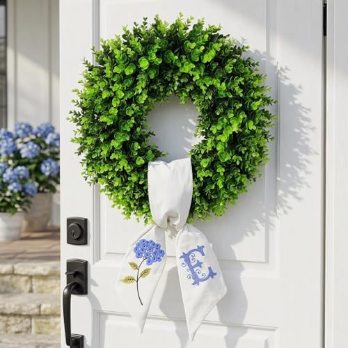 Boxwood Wreath for Front Door Spring Summer Wreaths for Farmhouse,Last Name Initial Year Round Porch Decor,20 inch Geen Wreath with Personalized Monogram sash Embroidered Hydrangea and Letter - (E) - Image 7