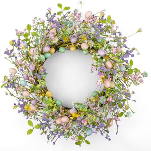 J'FLORU Artificial Easter Wreath 22 Inch Easter Wreaths for Front Door Colorful Egg Wreath with Flowers Green Leaves for Door Wall Porch Farmhouse Decor by JFLORU