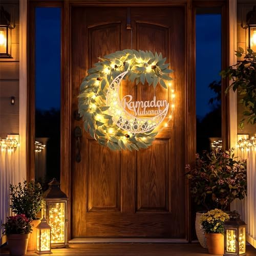 Cinnvoice Eid Ramadan Mubarak Wreaths Door Sign Artificial Leaves Ramadan Hanging Wreath Decoration for Front Door Eid Al Fitr Moon Wood Sign Wall Garland Hanger for Islamic Muslim Home Party Decor - Image 4