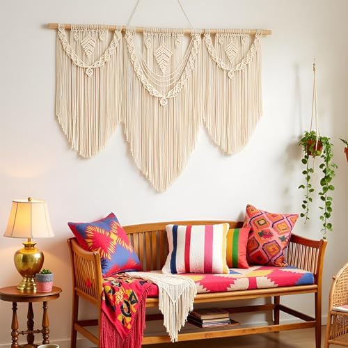 guzhiou Large Macrame Wall Hanging, Boho Woven Tapestry Decor Art, 43"x32" - Image 2
