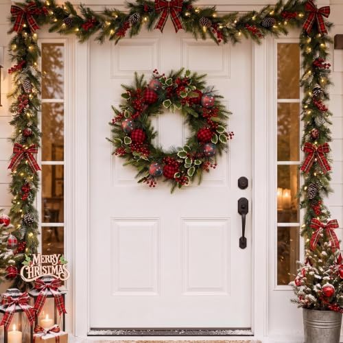 Christmas Wreath for Front Door Cedar Buffalo Plaid Wreath with Holly Berry - Image 5