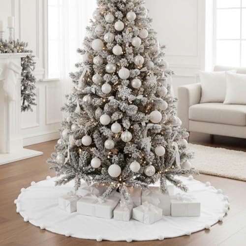 Libima Large White Faux Fur Christmas Tree Skirt with Pom Poms,60 Inch by Libima