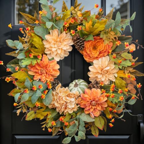 24 Inch Harvest Fall Wreaths for Front Door Outside with Dahlia & Pumpkins by wreathqueen