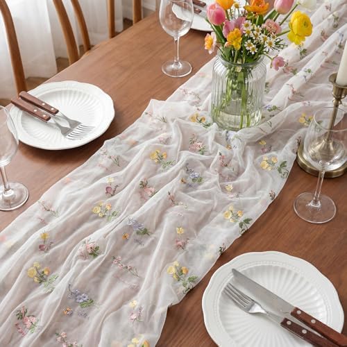 Remagr 4 Pcs 9.8 Ft Wildflower Table Runner Embroidery Floral Table Decor - Image 6