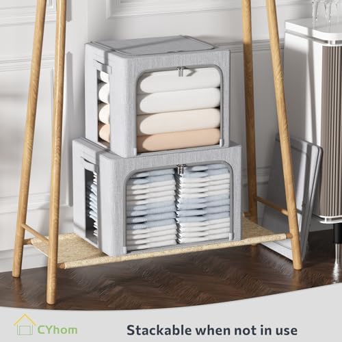 CYhom Clothes Storage Bins Box - Foldable Stackable Container Organizer Set with Clear Window & Carry Handles & Metal Frame - 2Pack Large Capacity for Bedding, Blankets, Books - Image 6
