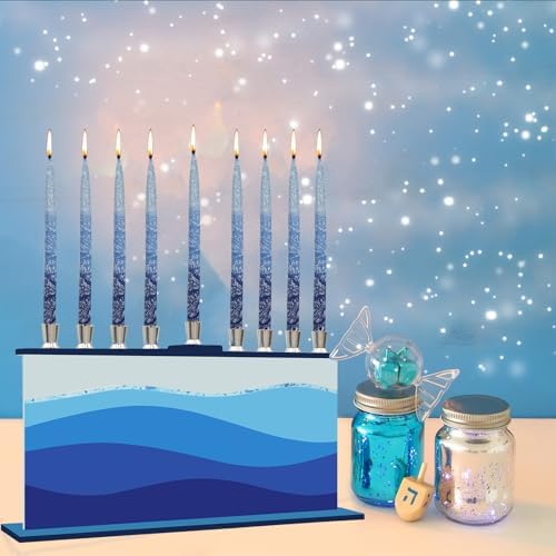 The Dreidel Company Blue Wave Design Glass Candle Hanukkah Menorah, Handcrafted Design, 11 Inch - Image 6