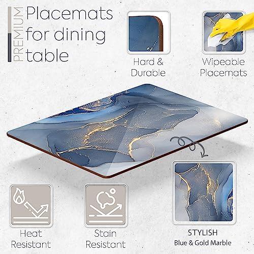 Set of 4 Heat Resistant Cork Placemats for Dining Table with Free Set of 4 Matching Drink Coasters Marble Design 16 x 12 Inches Cork Backed Hard Placemats (Blue & Gold) - Image 2