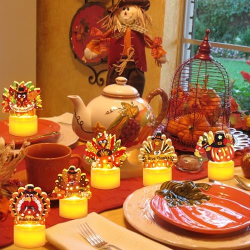 12 PCS Thanksgiving Table Decorations Turkey Tea Lights Candles, Battery Operated Thanksgiving LED Flameless Tealight Candles Thanksgiving Turkey Centerpieces Decorations for Home Indoor Kitchen Party - Image 4