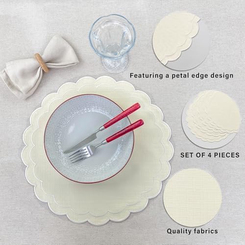 Linen Cotton Placemats Set of 4 Scalloped Flower Embroidery Place Mats 15'' Natural Linen Texture Fabric Machine Washable Table Mats for Restaurant Kitchen,Table Decor(Butter Yellow) - Image 3