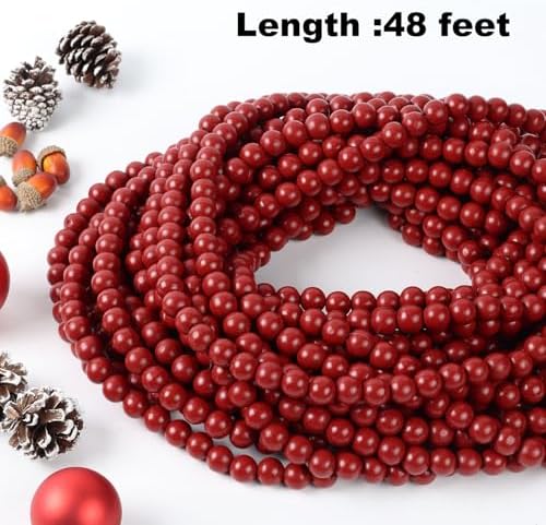 48FT Extra Long Christmas Wood Bead Garland for Xmas Mantle (Dark Red) - Image 2