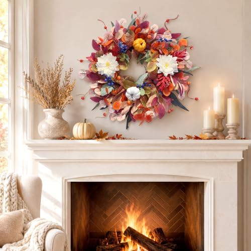 Fall Wreaths for Front Door 24 inch Wreath with Storage Bag - Image 2