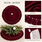 WineRed Velvet Christmas Tree Skirt with Ruffled Edge and Faux Pearl, 60 Inches Rustic Vintage Xmas Tree Skirt for Party Decorations - Image 5