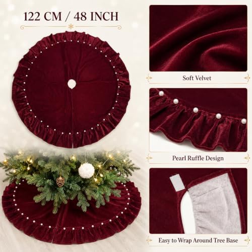WineRed Velvet Christmas Tree Skirt with Ruffled Edge and Faux Pearl, 60 Inches Rustic Vintage Xmas Tree Skirt for Party Decorations - Image 5