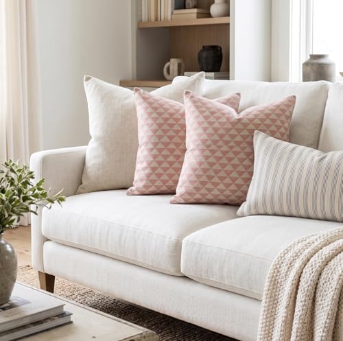 Decorative Pillow Cover French Country Pillow Cover Cottage Decor Floral Block Print, Farmhouse Decorative Cushion Cover, Spring Pillow Cover Line and Loop (Pastel Pink) - Image 4