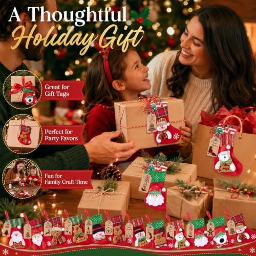 24 Set Mini Christmas Stockings Set with Holiday Character, 6 Inch Faux Fur Xmas Hanging Stocking Bulk Small Plush Xmas Stocking with Christmas Kraft Gift Tags - Image 4