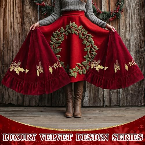 Christmas Tree Skirt, 60 Inches, Gold Embroidered Holly Style, Red - Image 6