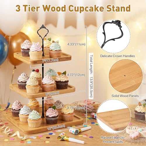 Lallisa 3 Tier Cupcake Stand Wooden Rustic Tiered Serving Tray Square - Image 2