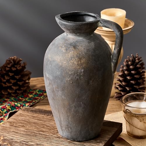 PORCER Antique Rustic Ceramic Vase, 9.3 Inch Tall Large Terracotta Vase with Handle, Vintage Farmhouse Pottery Vase for Home Decor, Living Room, Entryway, Wedding, Thanksgiving - Black Bronze - Image 4