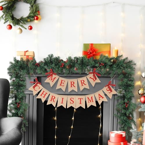 Tatuo Merry Christmas Banner, 9 ft Artificial Garland,Classic,Linen by Tatuo