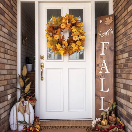 Fall Wreaths for Front Door Outside Autumn Wreath with Lights Berries Pine Cones Fall Decorations for Home Decor Pumpkin Wreath for Farmhouse Holiday Thanksgiving Harvest Halloween Outdoor - Image 3