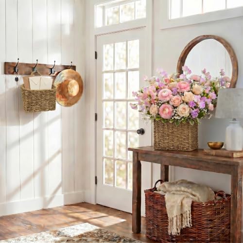 Set of 2 Wicker Wall Baskets for Hanging Storage, Handwoven Boho Wall Organizer, Decorative Wall Mounted Basket Set for Entryway, Mail, Keys, Plants, Flowers & Home Decor, Natural Sea Grass - Image 2