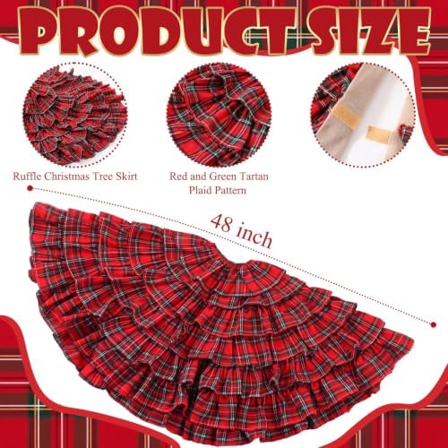 Red Ruffle Christmas Tree Skirt Red and Green Tartan Plaid 48 in - Image 2