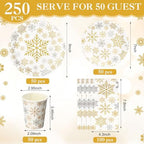Pickmesh 250 Pcs Christmas Dinnerware Set Gold Silver Snowflake Disposable Paper Plates Napkins and Cups Xmas Luncheon Dinner Tableware for Winter Christmas Birthday Party Supplies Table Decor - Image 2